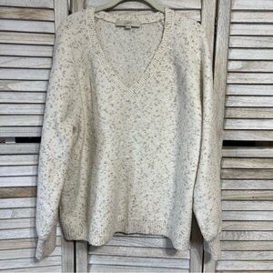 LOFT Cream with Gold Accents V-Neck Sweater with Relaxed Fit and Long Sleeves